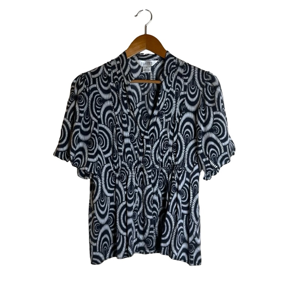 Allison Taylor Womens Black White Geometric Spiral 100% Silk V-Neck Blouse M